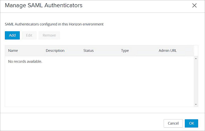 Screen shot of the Manage SAML Authenticators
